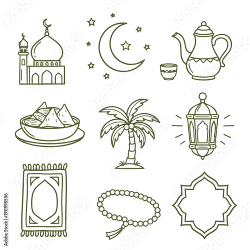 Premium Olive Hand-Drawn Ramadan Set with Elegant Islamic Elements Vector Illustration