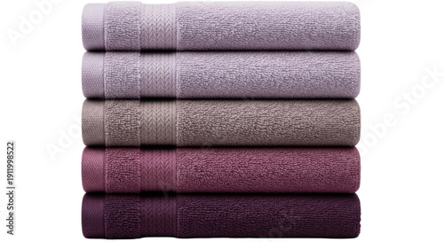Fotografia Stack of five folded purple towels isolated PNG, soft cotton bath linens for spa