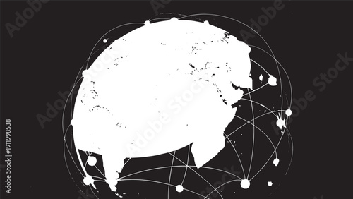 Abstract world globe network with interconnected nodes and circular outline.