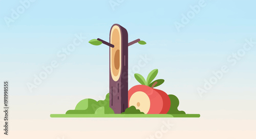 Stylized tree stump and halved apple against a gradient sky