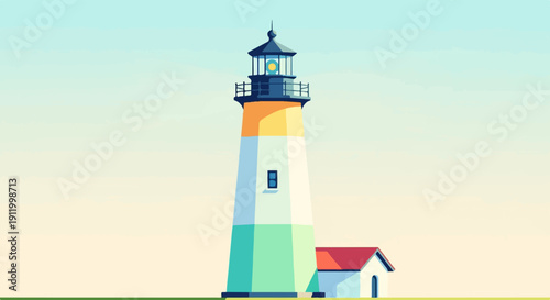 Stylized lighthouse with a small adjacent building under a gradient sky