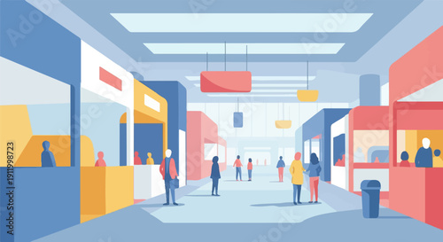 Stylized illustration of a brightly lit indoor marketplace with stalls and people
