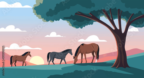Three horses graze peacefully under a large tree at sunset