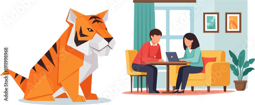 Stylized tiger sits left of people working on laptop at a table