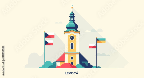 Stylized illustration of a church tower with flags and foliage