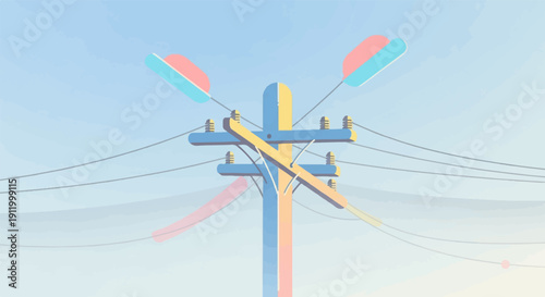 Stylized telephone pole with colorful accents against pale sky