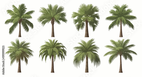 Collection of Diverse Palm Trees Vector Illustrations on White Background