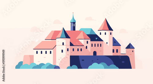 Stylized, colorful castle with pastel hues and abstract clouds