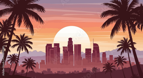 Los Angeles Skyline at Sunset with Palm Trees and Mountains Silhouette