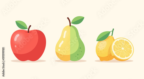 Three stylized fruits a red apple, a bicolor pear, and lemons