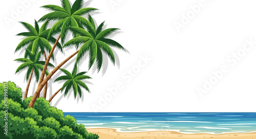 Tropical Beach Paradise with Palm Trees, Sandy Shore, and Azure Ocean Waves