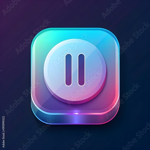 Glossy Glassmorphism Pause Button Icon with Neon Gradient Glow, Modern App UI
