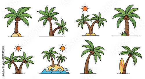 Collection of Flat Vector Palm Trees and Tropical Scenes with Sun and Ocean Waves