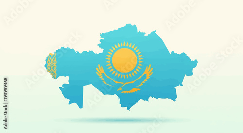 Stylized map outline of Kazakhstan filled with its national flag