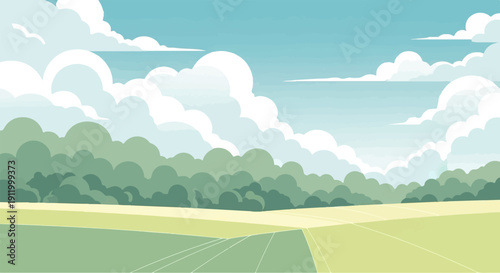 Stylized cloudy sky above rolling green fields and distant trees