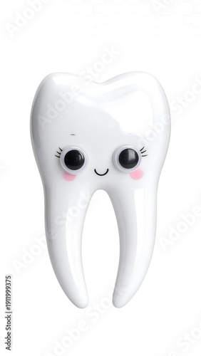 Smiling molar illustration with googly eyes and rosy cheeks isolated on white
