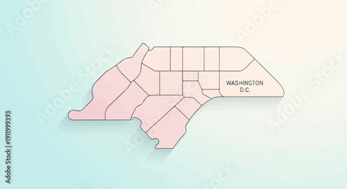 Stylized map outlines Washington D.C. with colored regions and text