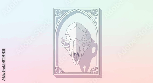 Stylized illustration of a feline skull within a decorative frame