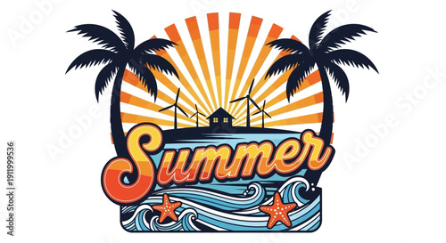 Summer Vacation Vibes: Tropical Beach Scene with Wind Turbines and Sun Rays