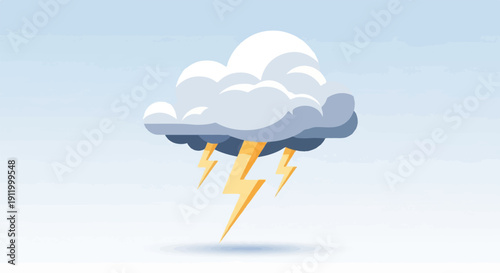 Stylized storm cloud with multiple lightning bolts against a pale blue sky