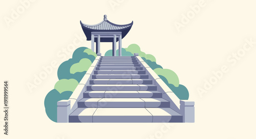 Stylized stone staircase leads to a pagoda amid lush greenery