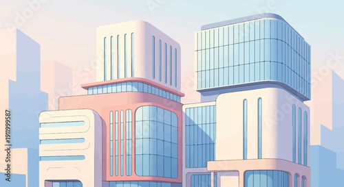 Stylized modern buildings with rounded corners and glass facades