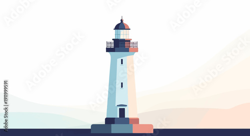 Stylized minimalist lighthouse on a dark base against a soft, gradient sky