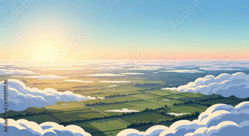Sunrise over cultivated fields, viewed from above the clouds, with soft light