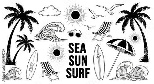 Hand-drawn summer vacation vector elements: palm trees, waves, beach chair, umbrella, surfboard