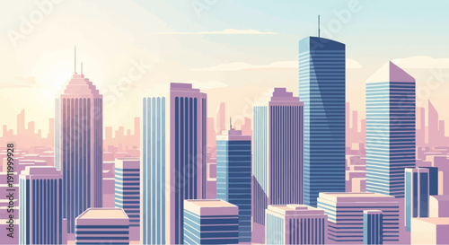 Stylized cityscape at sunrise with tall buildings in pastel tones