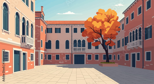 Sunny square with colorful buildings and an autumn tree