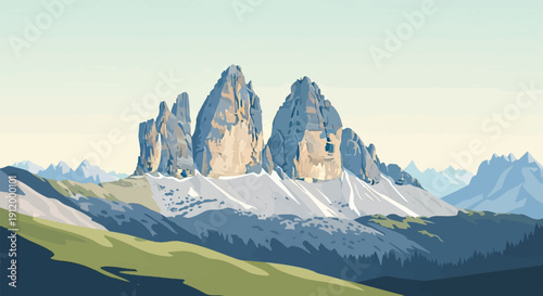 Stylized mountain peaks rise from snowy slopes under a pale sky