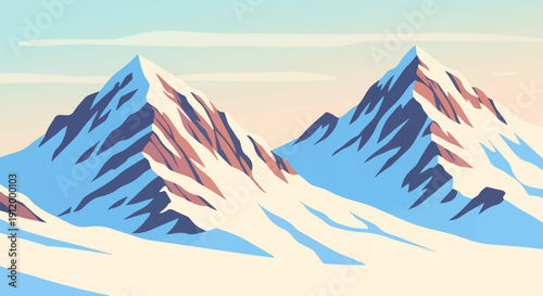 Stylized mountain peaks against a soft, gradient sky with hints of snow