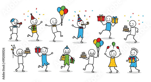 Stick Figures Celebrating with Party Items.