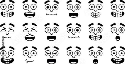 Comprehensive set of retro cartoon character facial expressions with various emotions including happy sad surprised and money eyes for animation.