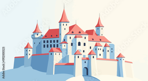 Stylized illustration of a majestic castle with red roofs against a bright, soft background