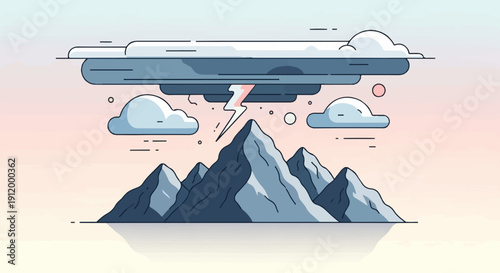 Stylized mountain range under stormy, lightning-filled clouds at dusk