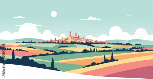 Stylized cartoon landscape with a distant village and colorful rolling hills
