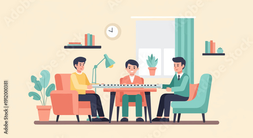 Three men play piano together in a cozy room with plants and books