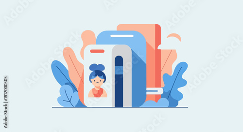 Stylized illustration of a profile card with decorative leaves in coral and blue