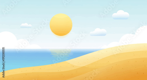 Sunny beach with calm ocean and fluffy clouds under a bright yellow sun