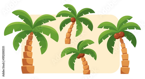 Tropical Palm Trees Vector Set, Cartoon Style, Isolated on Light Background