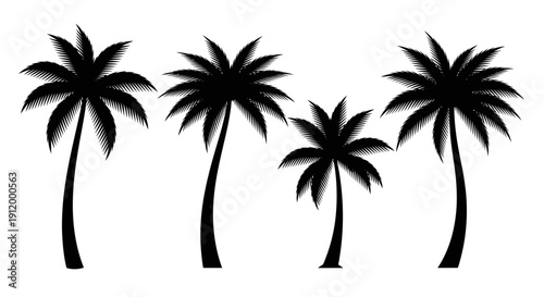 Silhouette Collection of Diverse Palm Trees on a White Background, Tropical Island Vibe