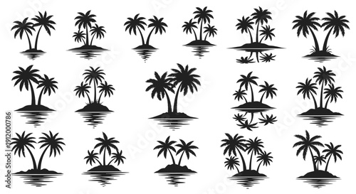 Set of Tropical Palm Trees on Islands with Water Reflections - Silhouette Vector Graphics