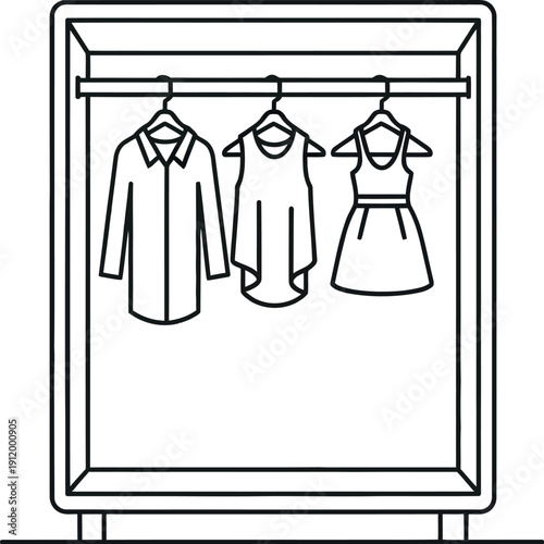 Minimalist line art icon depicting an open clothing rack displaying a selection of hanging garments including a button down shirt a blouse and a short dress for wardrobe concepts