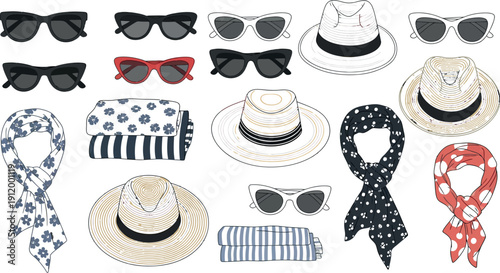 A collection of essential summer accessories featuring various styles of straw sun hats, fashionable sunglasses, patterned silk scarves, and folded beach towels prepared for a warm vacation outing.