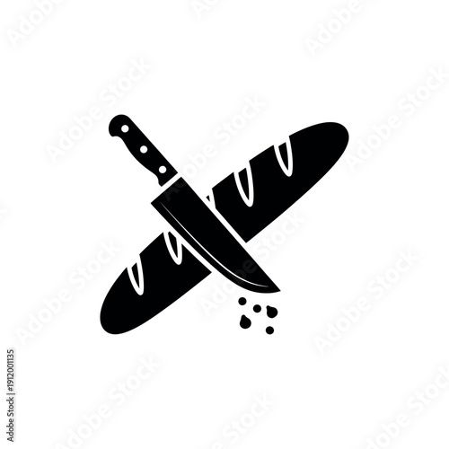 Knife Cutting Baguette Bread with Crumbs Silhouette