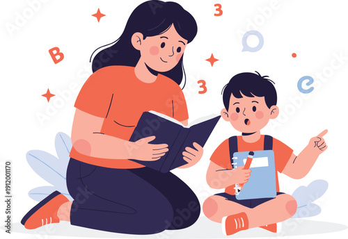 Mother or Teacher Reading Storybook to Young Boy with Notebook for Early Childhood Literacy, Homeschooling, Elementary Education, and Family Bonding Designs
