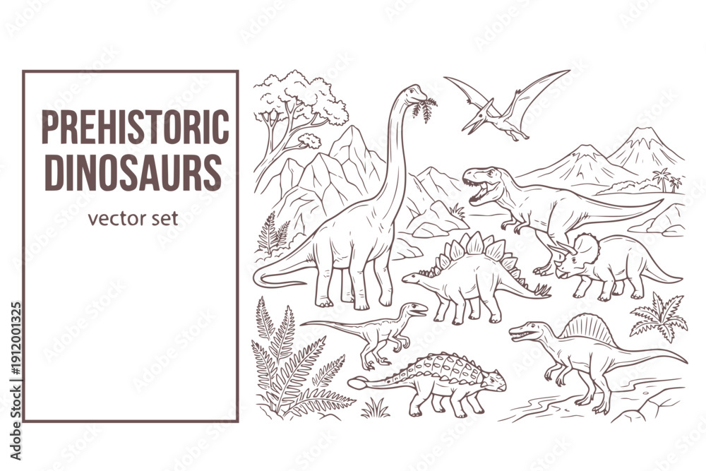 Fototapeta premium Prehistoric Dinosaurs Landscape Brachiosaurus T-Rex Stegosaurus Hand-Drawn-Line-Art Dinosaur-Illustration Prehistoric-Scene Mountain-Dinosaurs Vector Set - Dinosaur Art