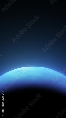 Abstract blue planet rim light loop with alpha channel. dark half sphere in bottom of screen silhouette with glowing atmosphere. Vertical composition. sci-fi space background element with copy space